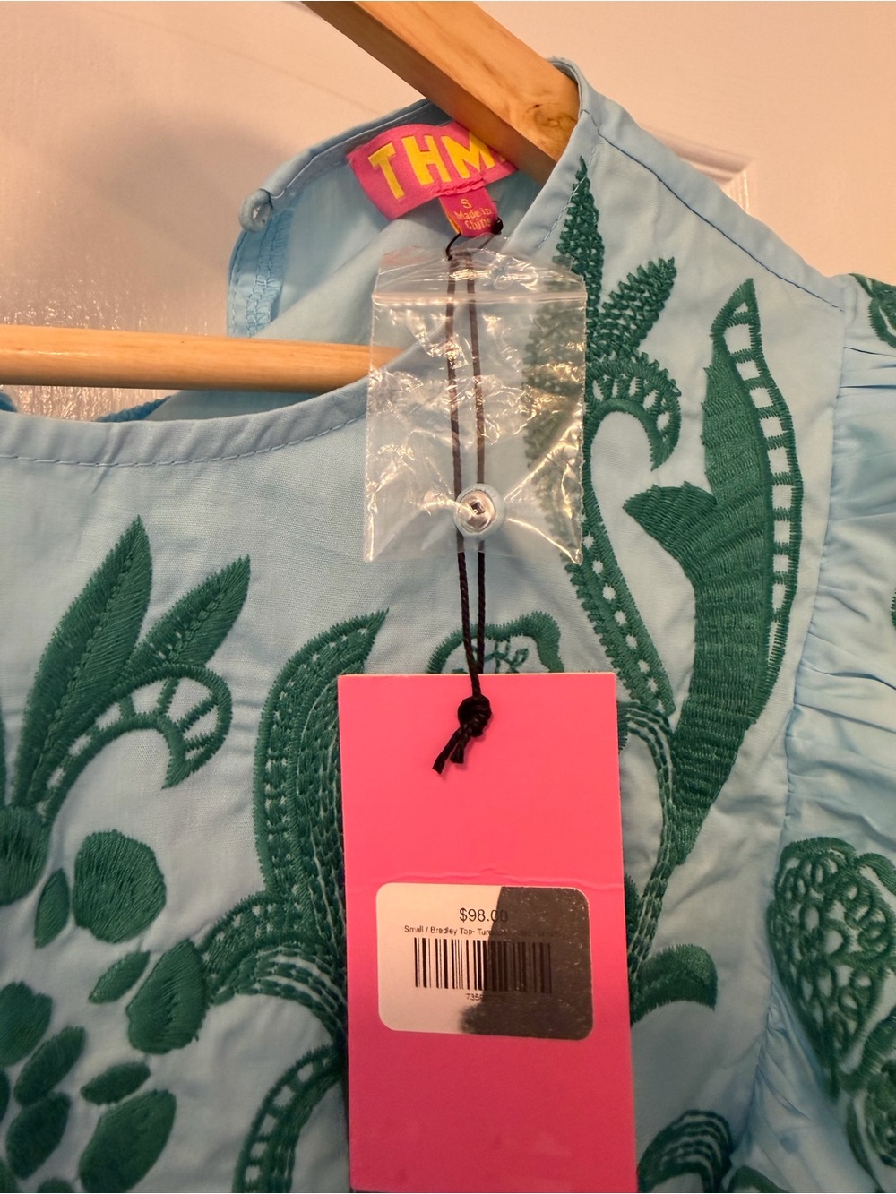 THML Embroidered Flutter Sleeve Top - Aqua Teal, small - Picture 3 of 4